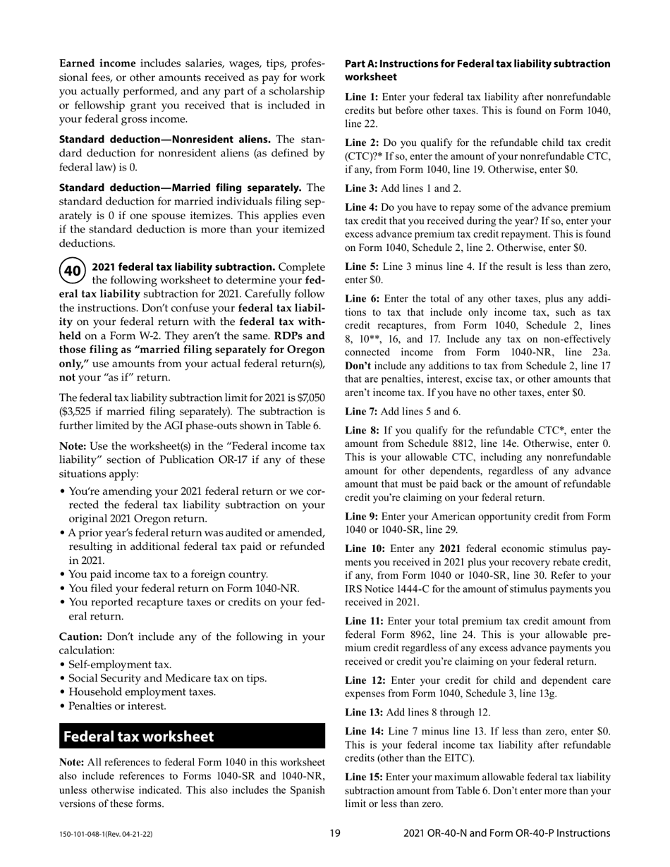 Instructions for Form OR-40-N, OR-40-P, 150-101-048, 150-101-055 - Oregon, Page 19