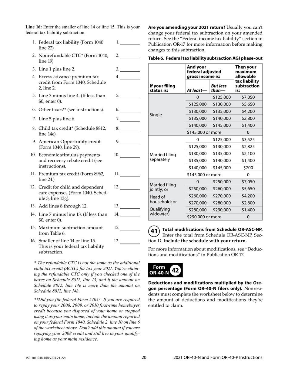 Instructions for Form OR-40-N, OR-40-P, 150-101-048, 150-101-055 - Oregon, Page 20