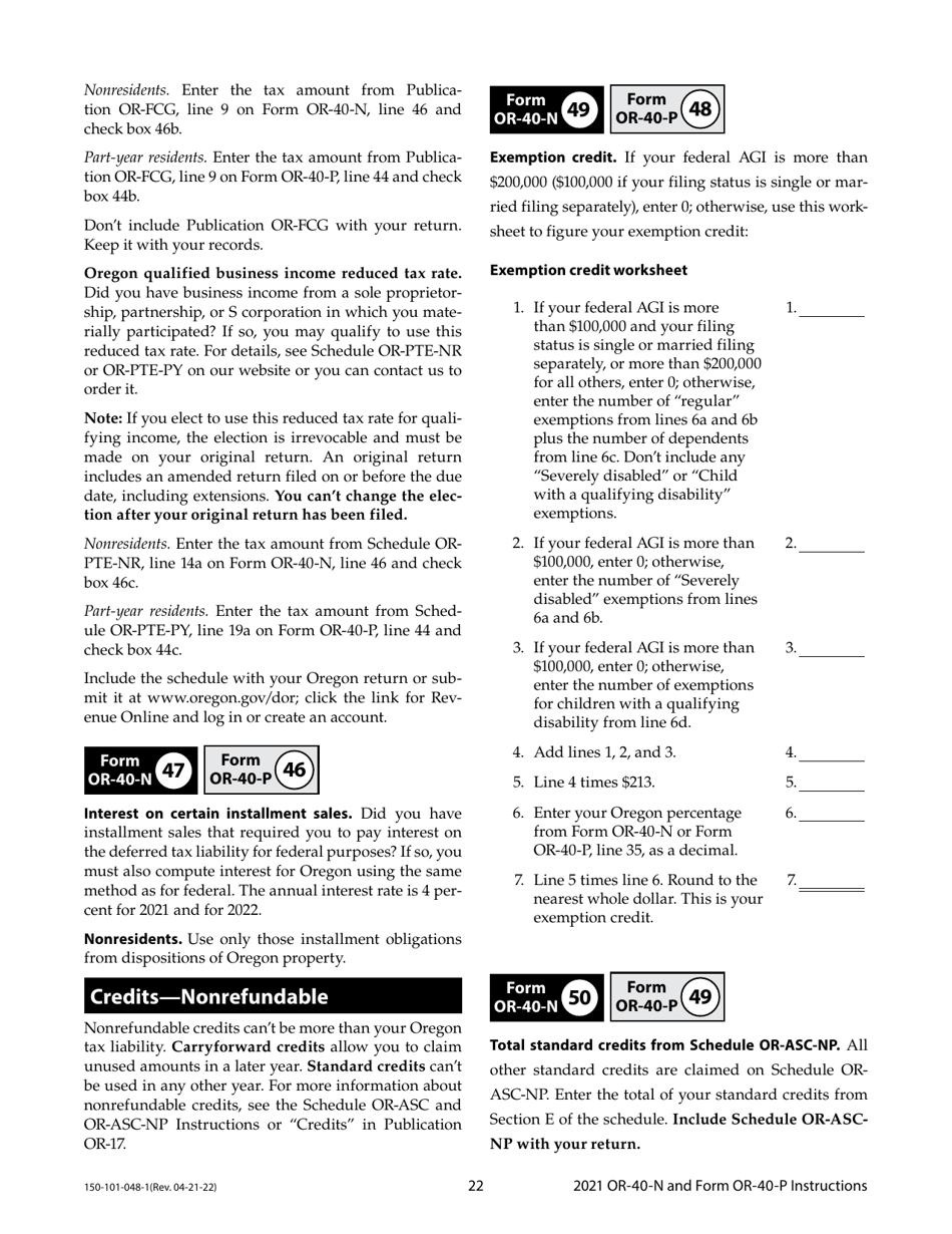 Instructions for Form OR-40-N, OR-40-P, 150-101-048, 150-101-055 - Oregon, Page 22