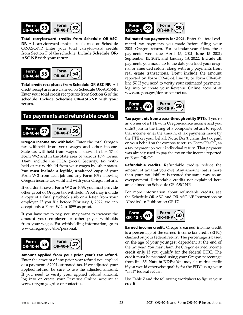 Instructions for Form OR-40-N, OR-40-P, 150-101-048, 150-101-055 - Oregon, Page 23