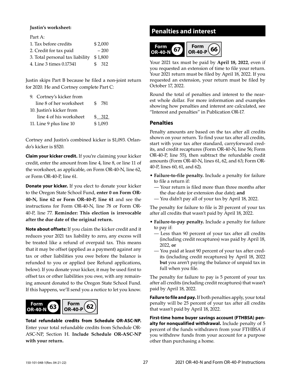 Instructions for Form OR-40-N, OR-40-P, 150-101-048, 150-101-055 - Oregon, Page 27