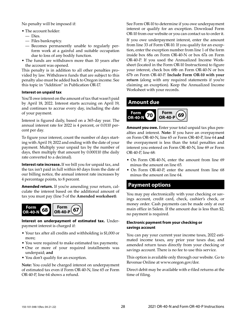 Instructions for Form OR-40-N, OR-40-P, 150-101-048, 150-101-055 - Oregon, Page 28
