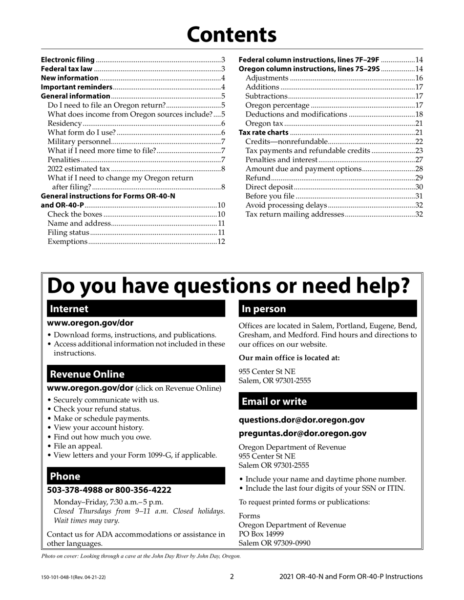 Instructions for Form OR-40-N, OR-40-P, 150-101-048, 150-101-055 - Oregon, Page 2