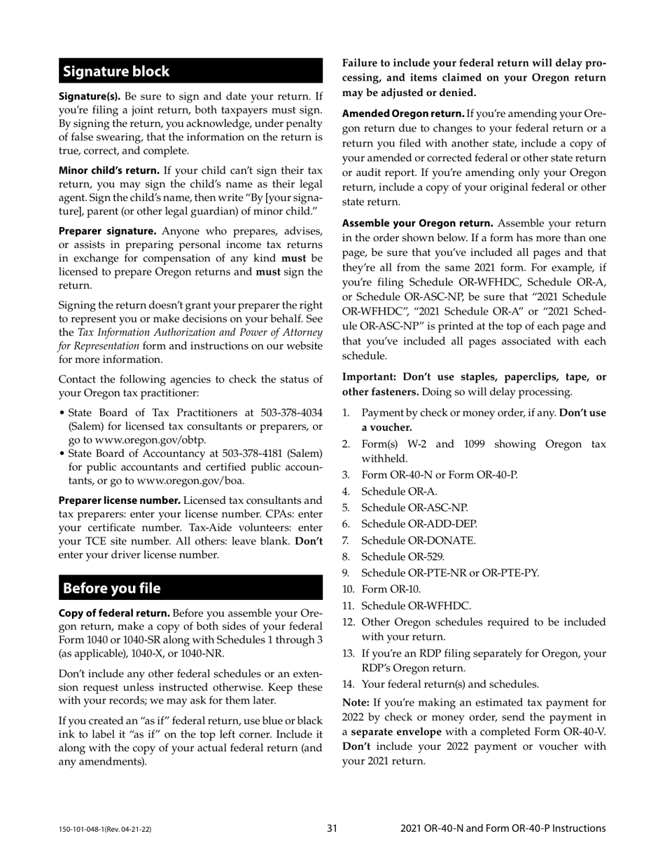 Instructions for Form OR-40-N, OR-40-P, 150-101-048, 150-101-055 - Oregon, Page 31