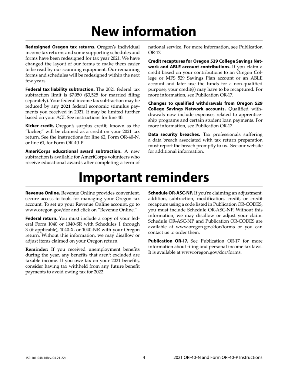 Instructions for Form OR-40-N, OR-40-P, 150-101-048, 150-101-055 - Oregon, Page 4