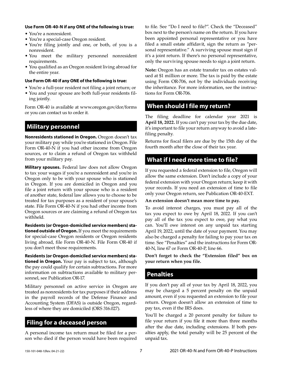 Instructions for Form OR-40-N, OR-40-P, 150-101-048, 150-101-055 - Oregon, Page 7