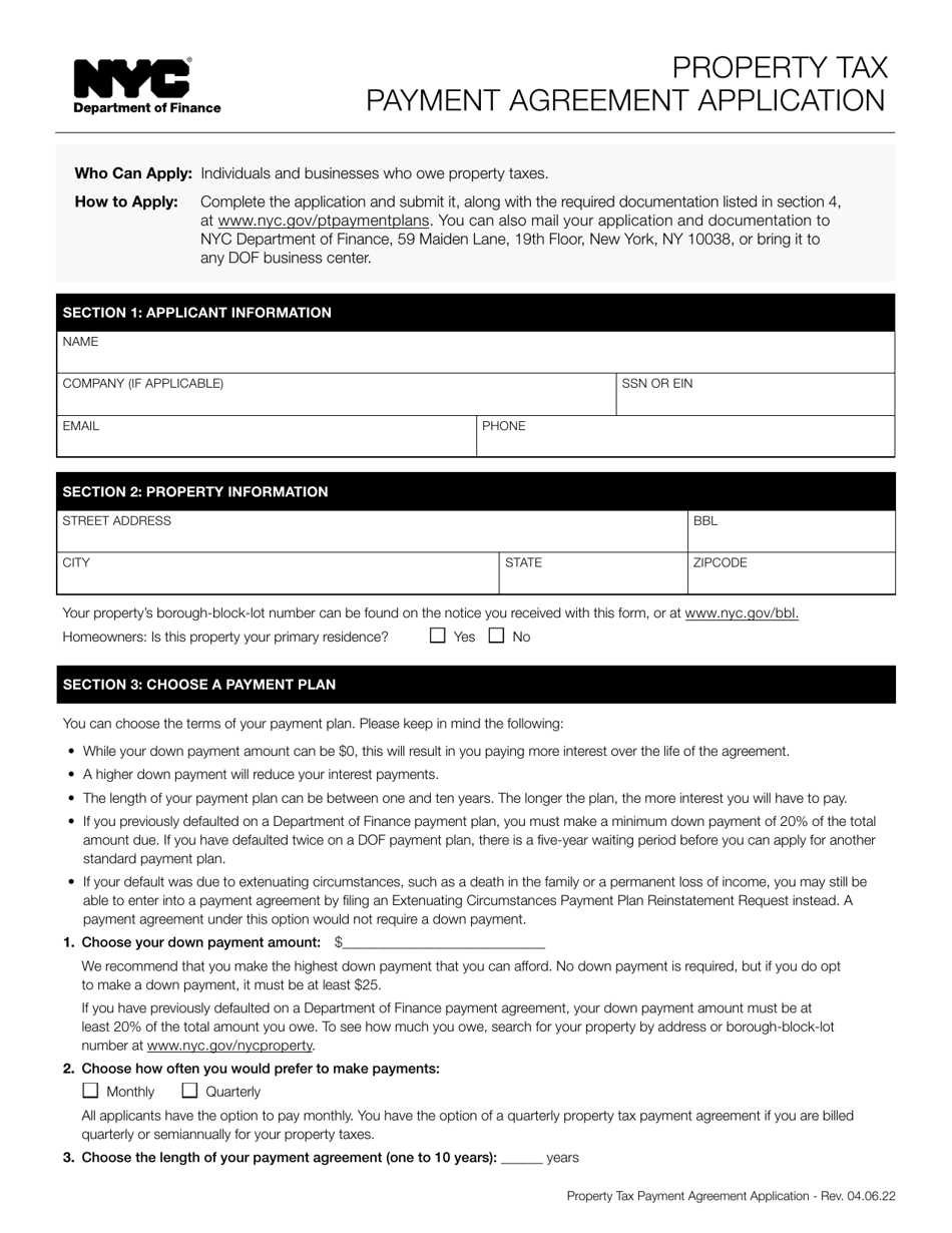 Property Tax Payment Agreement Application - New York City, Page 1