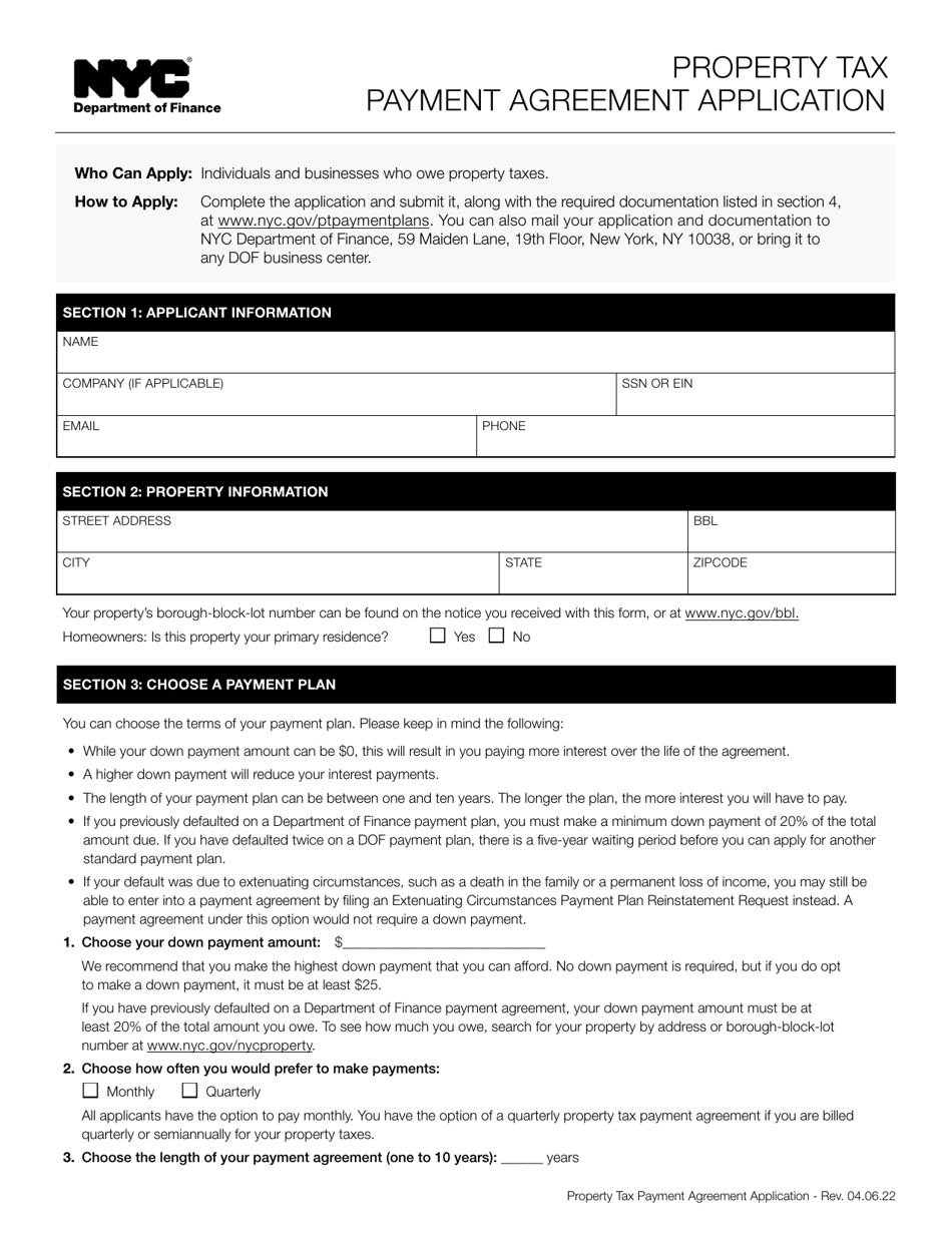 New York City Property Tax Payment Agreement Application Download