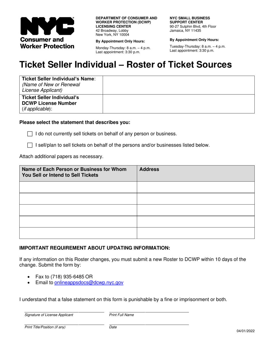 Ticket Seller Individual - Roster of Ticket Sources - New York City, Page 1