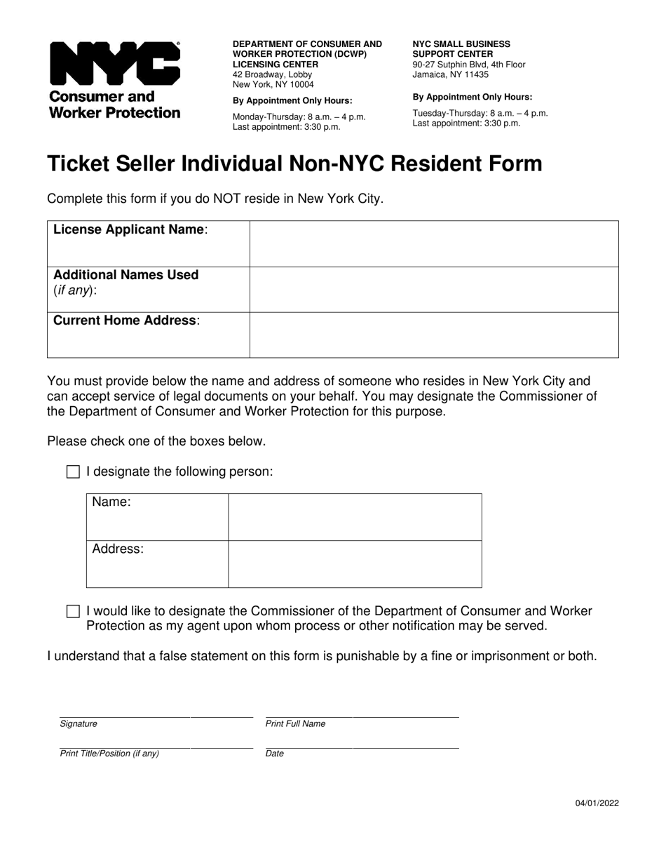 Ticket Seller Individual Non-nyc Resident Form - New York City, Page 1
