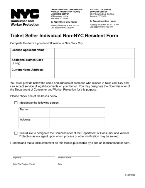 Ticket Seller Individual Non-nyc Resident Form - New York City Download Pdf