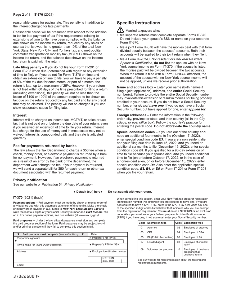 Form IT-370 Application for Automatic Six-Month Extension of Time to File for Individuals - New York, Page 2