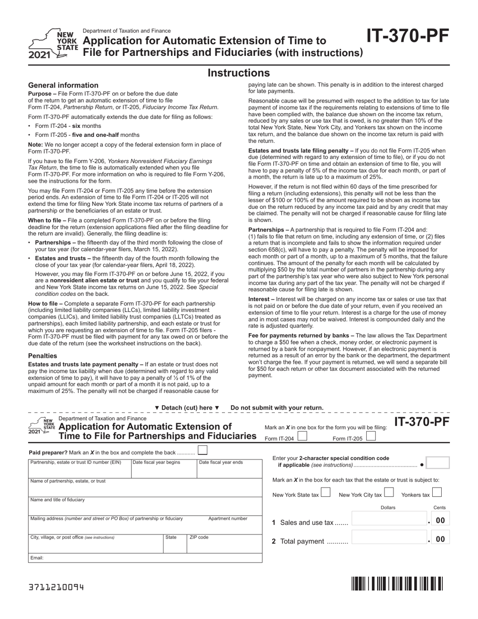 Form IT-370-PF Application for Automatic Extension of Time to File for Partnerships and Fiduciaries - New York, Page 1