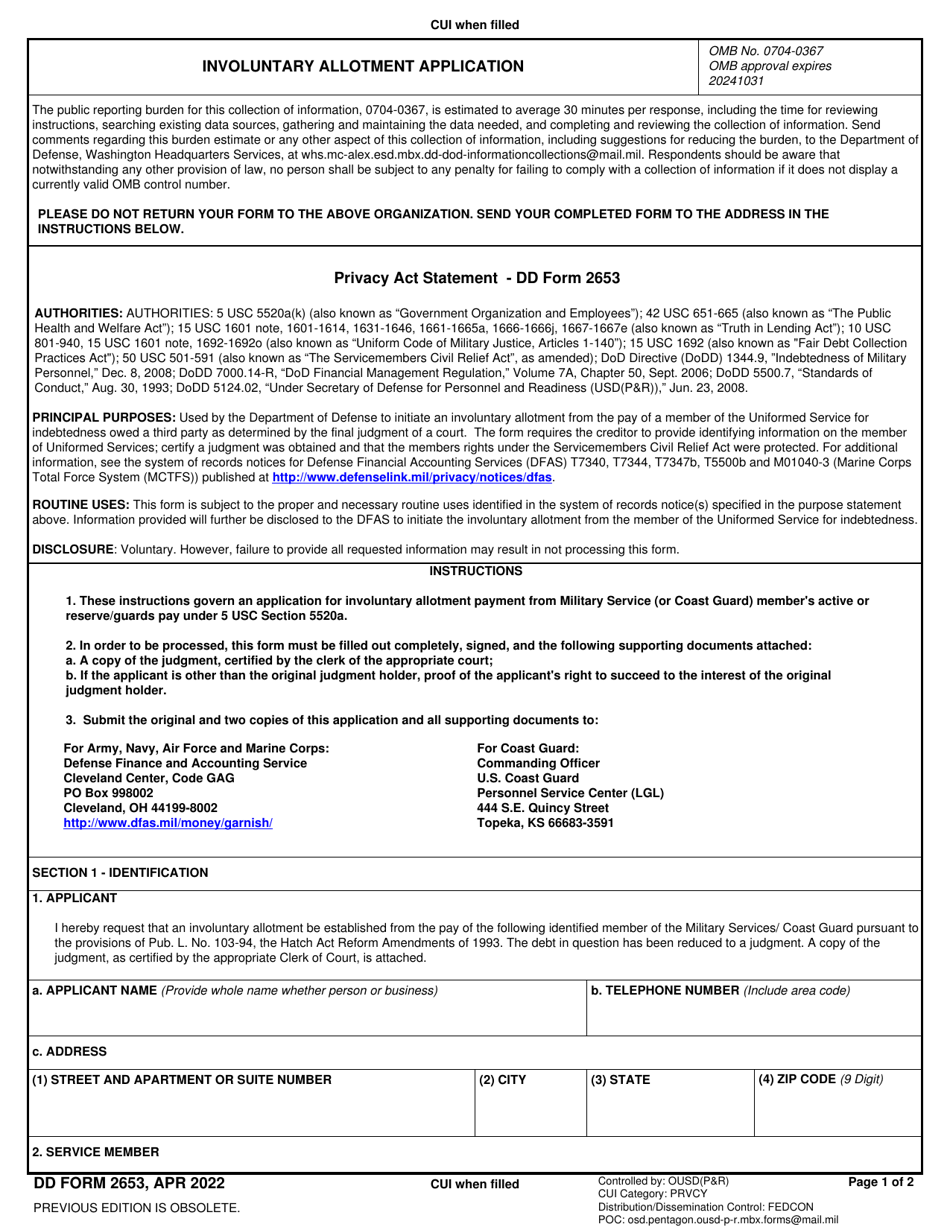 DD Form 2653 Download Fillable PDF Or Fill Online Involuntary Allotment