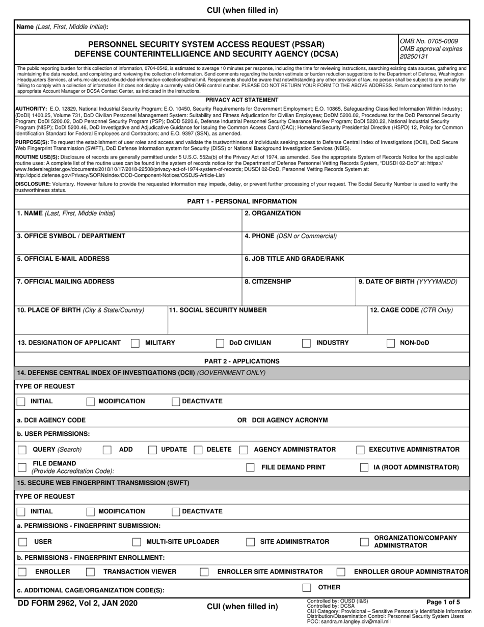 DD Form 2962 Personnel Security System Access Request (Pssar) Defense Counterintelligence and Security Agency (Dcsa) Volume 2, Page 1