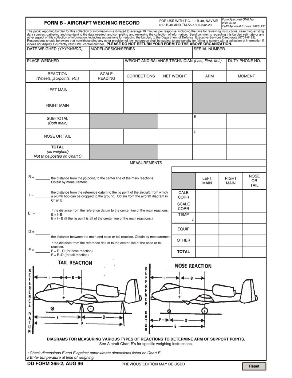 DD Form 365-2 (B) Aircraft Weighing Record, Page 1