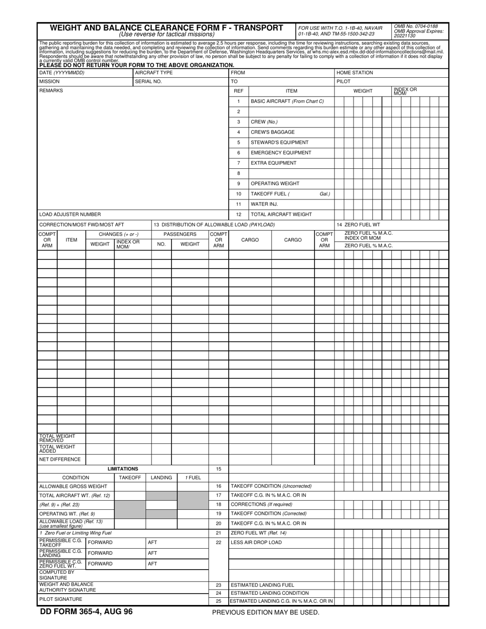 DD Form 365-4 (F) Weight and Balance Clearance Form - Transport, Page 1