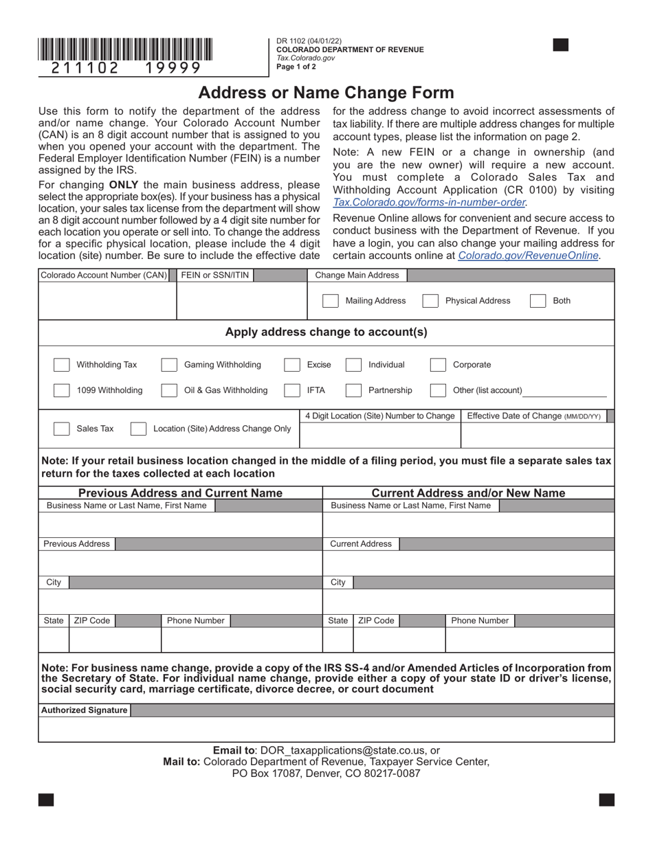 Form DR1102 Address or Name Change Form - Colorado, Page 1