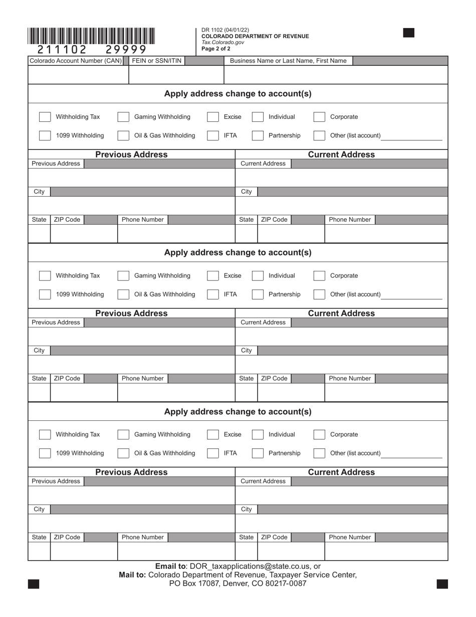Form DR1102 Address or Name Change Form - Colorado, Page 2
