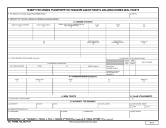 Document preview: DD Form 730 Receipt for Unused Transportation Requests and/or Tickets, Including Unused Meal Tickets