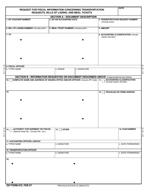 DD Form 870 Request for Fiscal Information Concerning Transportation Requests, Bills of Lading, and Meal Tickets