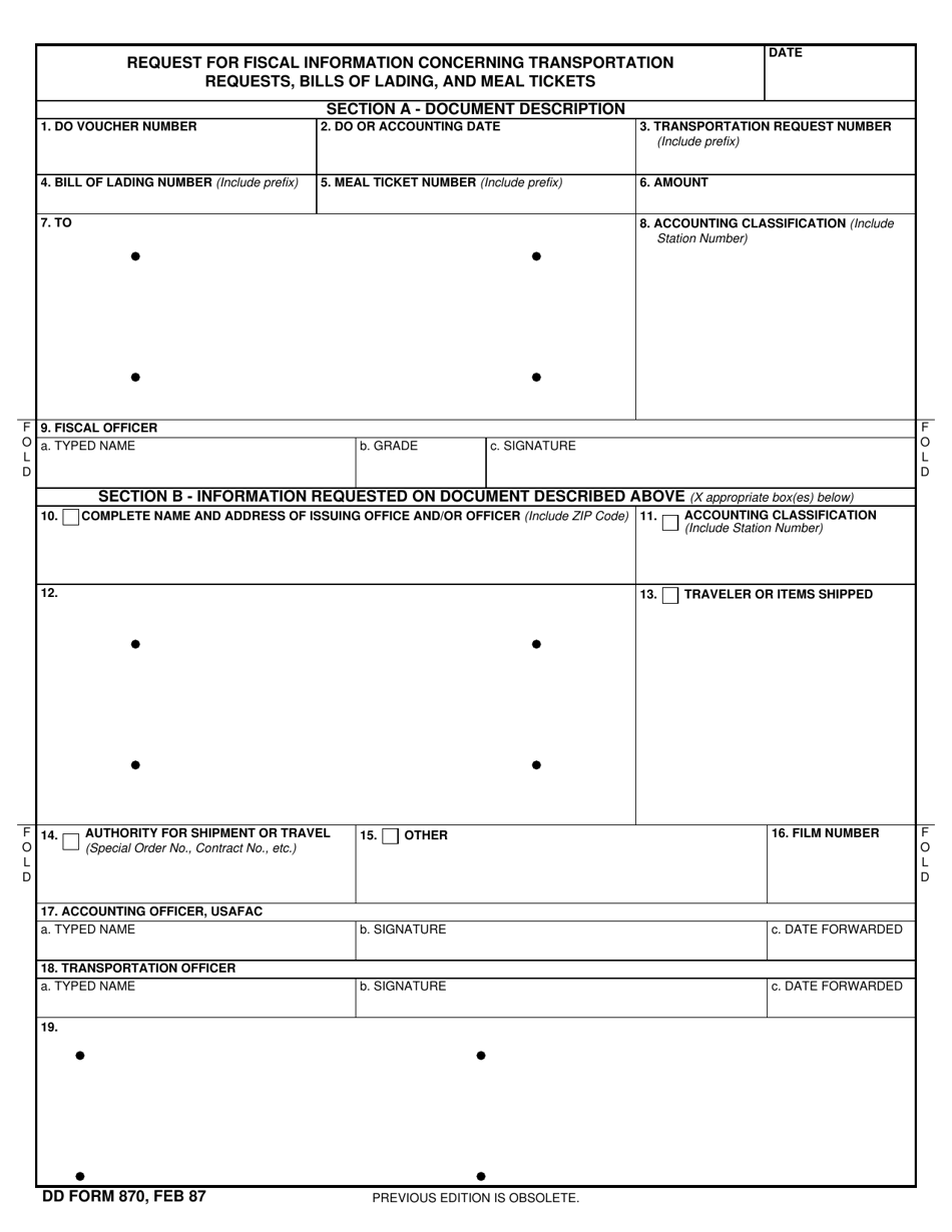 DD Form 870 Request for Fiscal Information Concerning Transportation Requests, Bills of Lading, and Meal Tickets, Page 1