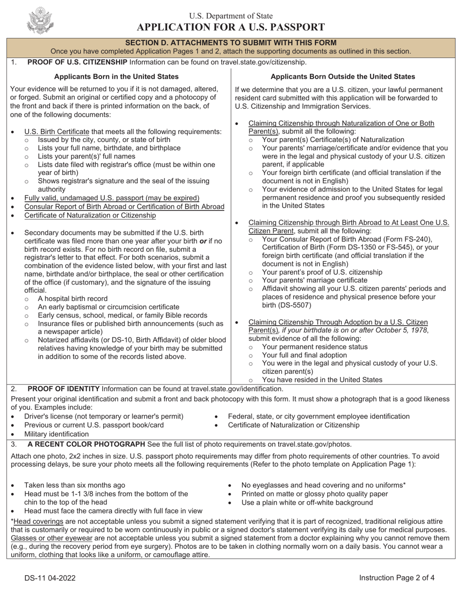 Form DS-11 Download Printable PDF or Fill Online Application for a U.S ...