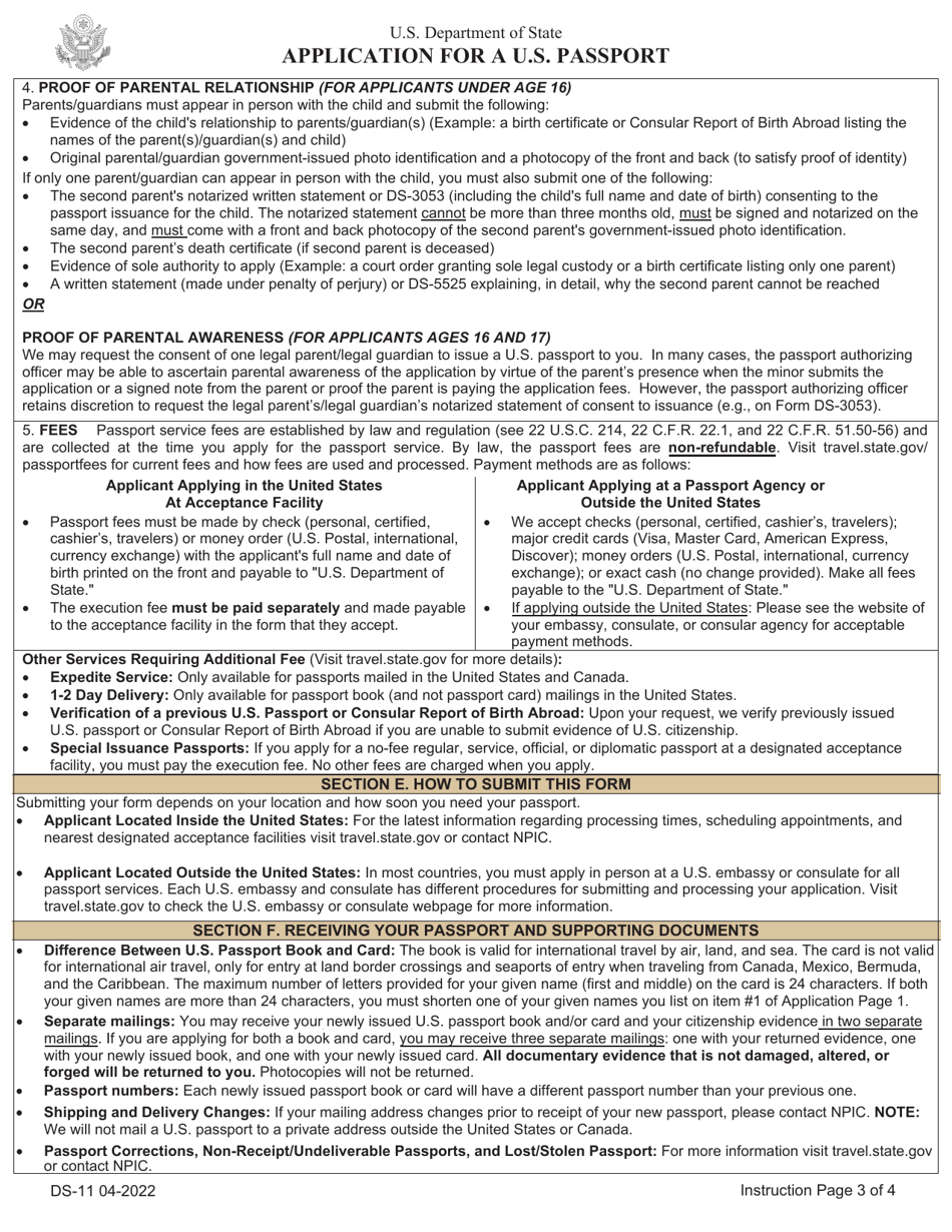 Form DS 11 Download Printable PDF Or Fill Online Application For A U S 