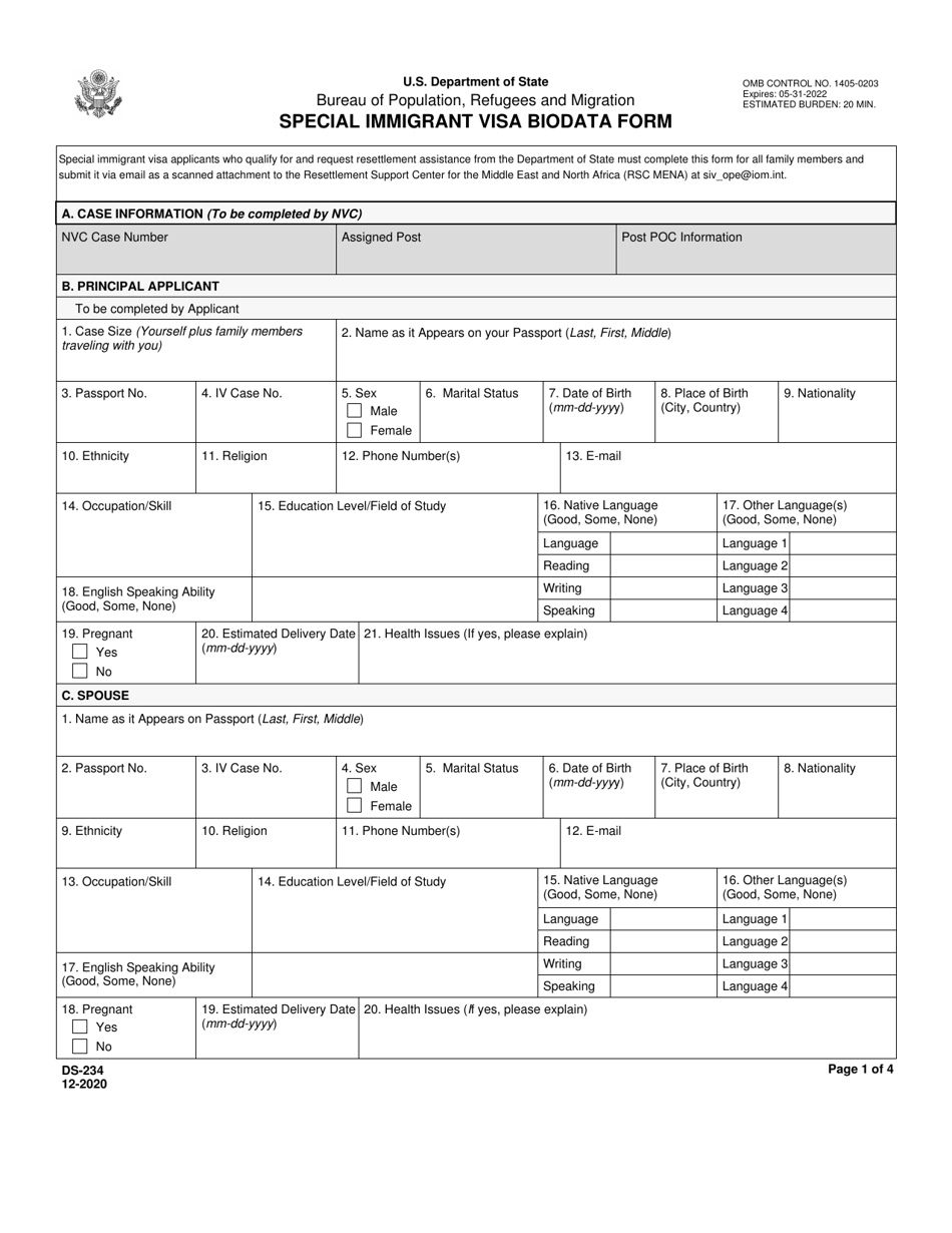 Form DS-234 Download Fillable PDF or Fill Online Special Immigrant Visa ...