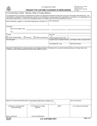 Form DS-1504 &quot;Request for Customs Clearance of Merchandise&quot;