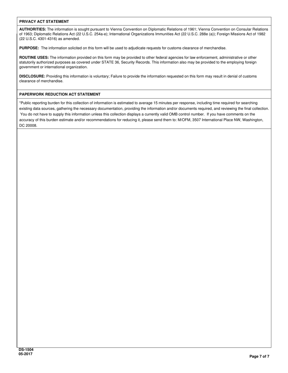 Form DS-1504 Request for Customs Clearance of Merchandise, Page 7