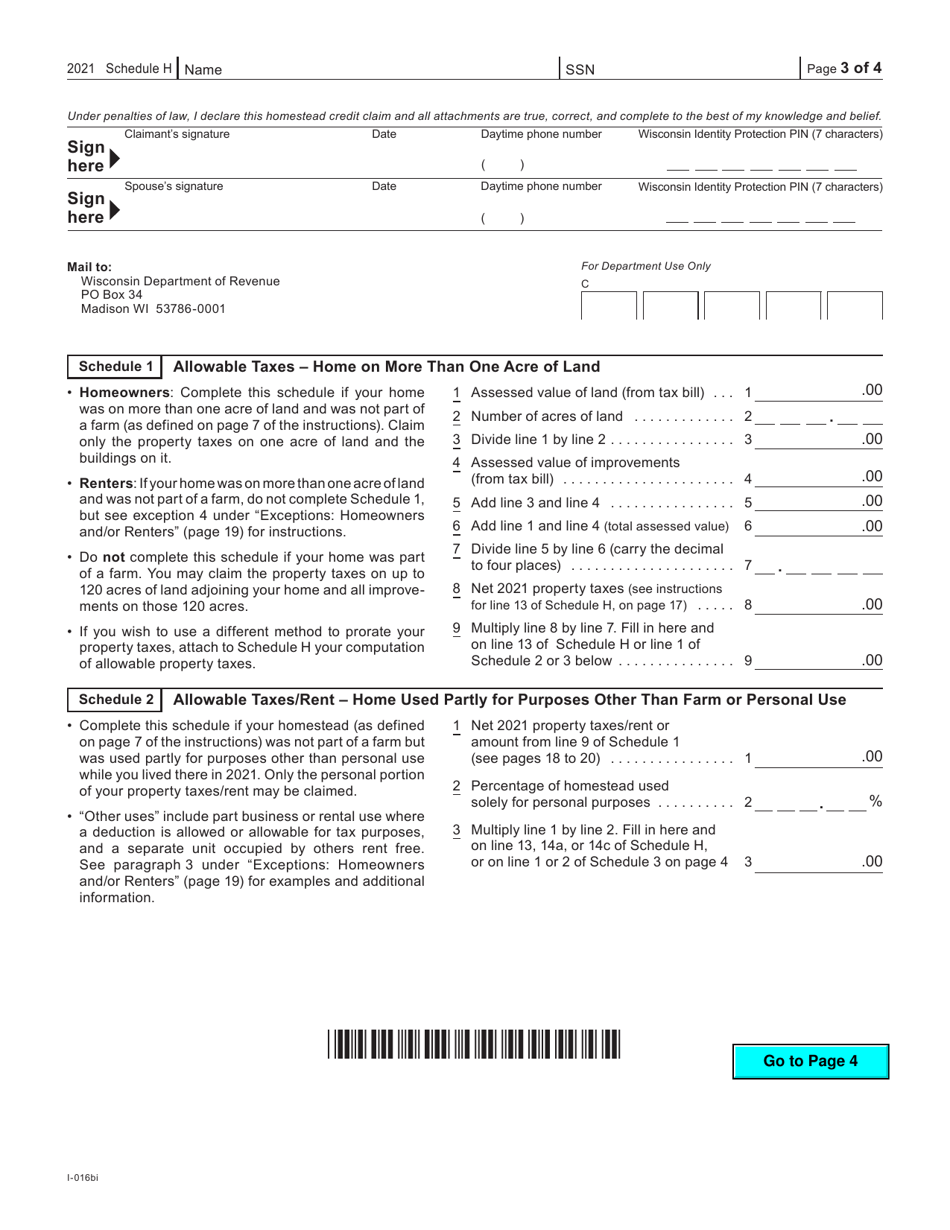 Form I016 Schedule H Download Fillable PDF or Fill Online Wisconsin