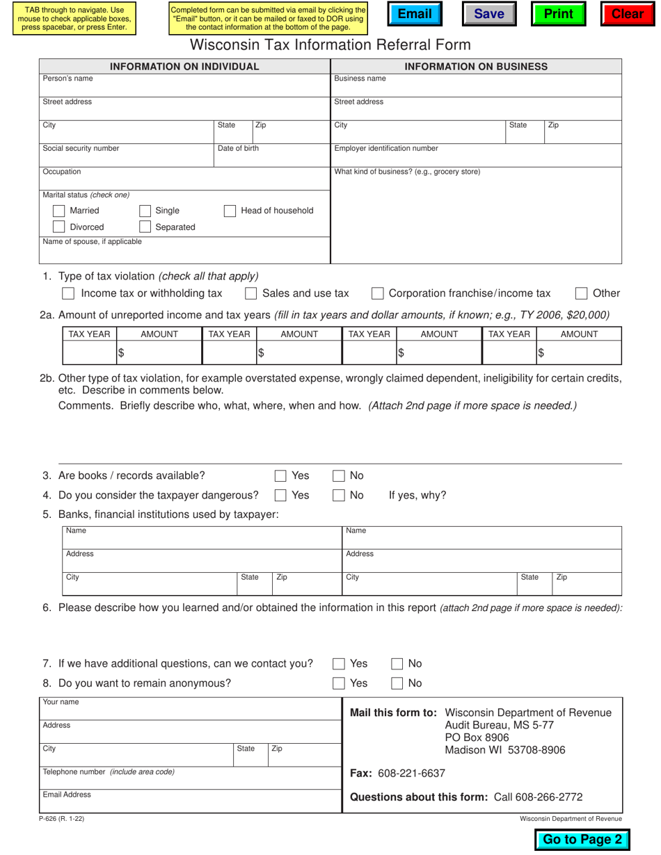 Form P-626 Wisconsin Tax Information Referral Form - Wisconsin, Page 1