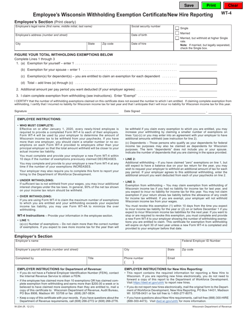 Form WT-4 (W-204) Employee's Wisconsin Withholding Exemption Certificate/New Hire Reporting - Wisconsin
