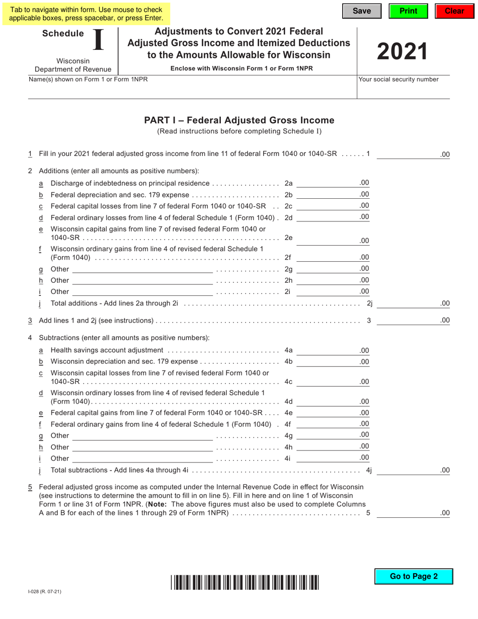 Form I-028 Schedule I Adjustments to Convert Federal Adjusted Gross Income and Itemized Deductions to the Amounts Allowable for Wisconsin - Wisconsin, Page 1