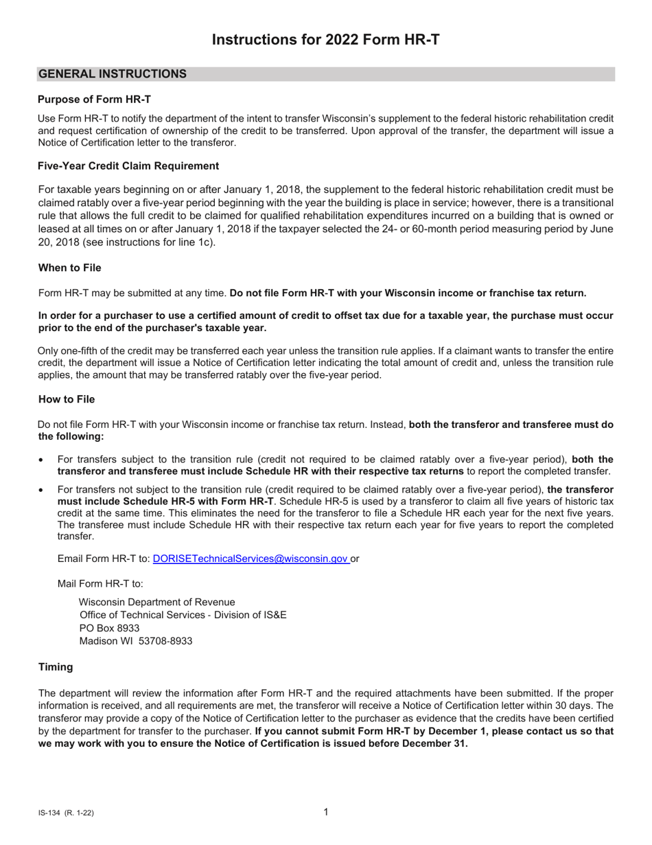 Instructions for Form HR-T, IC-134 Transfer of Supplement to the Federal Historic Rehabilitation Credit - Wisconsin, Page 1