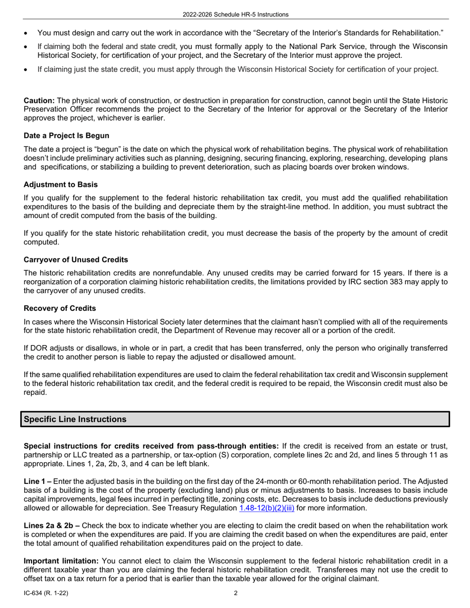 Instructions for Form IC-534 Schedule HR-5 Wisconsin Supplement to the Federal Historic Rehabilitation Tax Credit - Five-Year Credit Claim - Wisconsin, Page 2