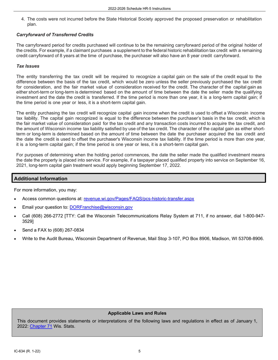 Instructions for Form IC-534 Schedule HR-5 Wisconsin Supplement to the Federal Historic Rehabilitation Tax Credit - Five-Year Credit Claim - Wisconsin, Page 5