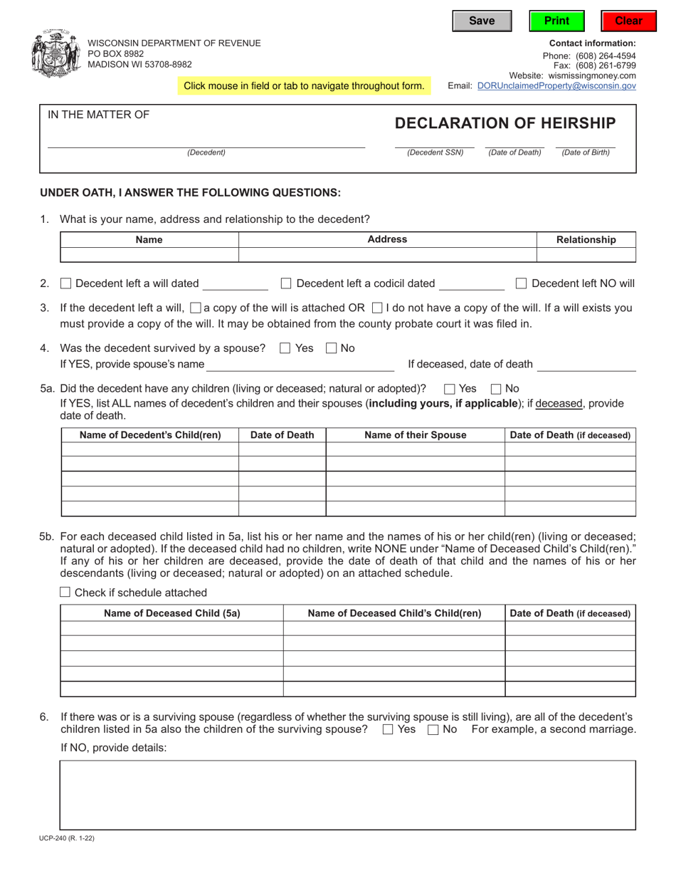 Form UCP-240 Declaration of Heirship - Wisconsin, Page 1