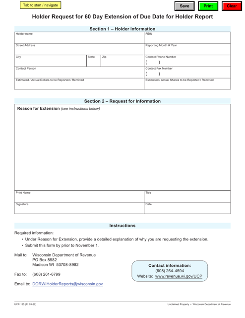 Form UCP-135 Holder Request for 60 Day Extension of Due Date for Holder Report - Wisconsin