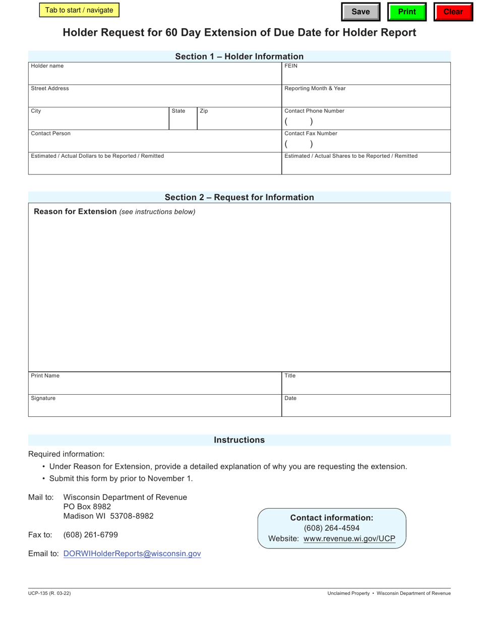 Form UCP-135 Holder Request for 60 Day Extension of Due Date for Holder Report - Wisconsin, Page 1
