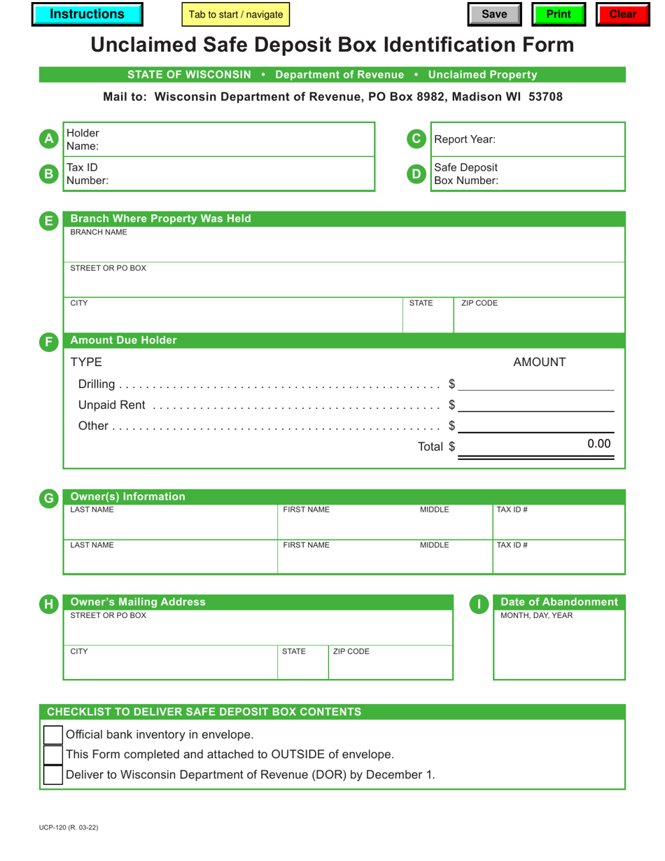 Form UCP-120 Unclaimed Safe Deposit Box Identification Form - Wisconsin, Page 1