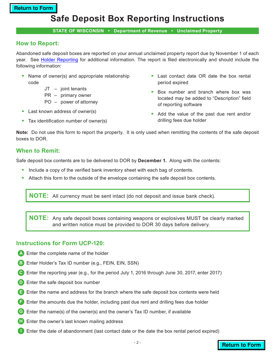 Form UCP-120 Unclaimed Safe Deposit Box Identification Form - Wisconsin, Page 2