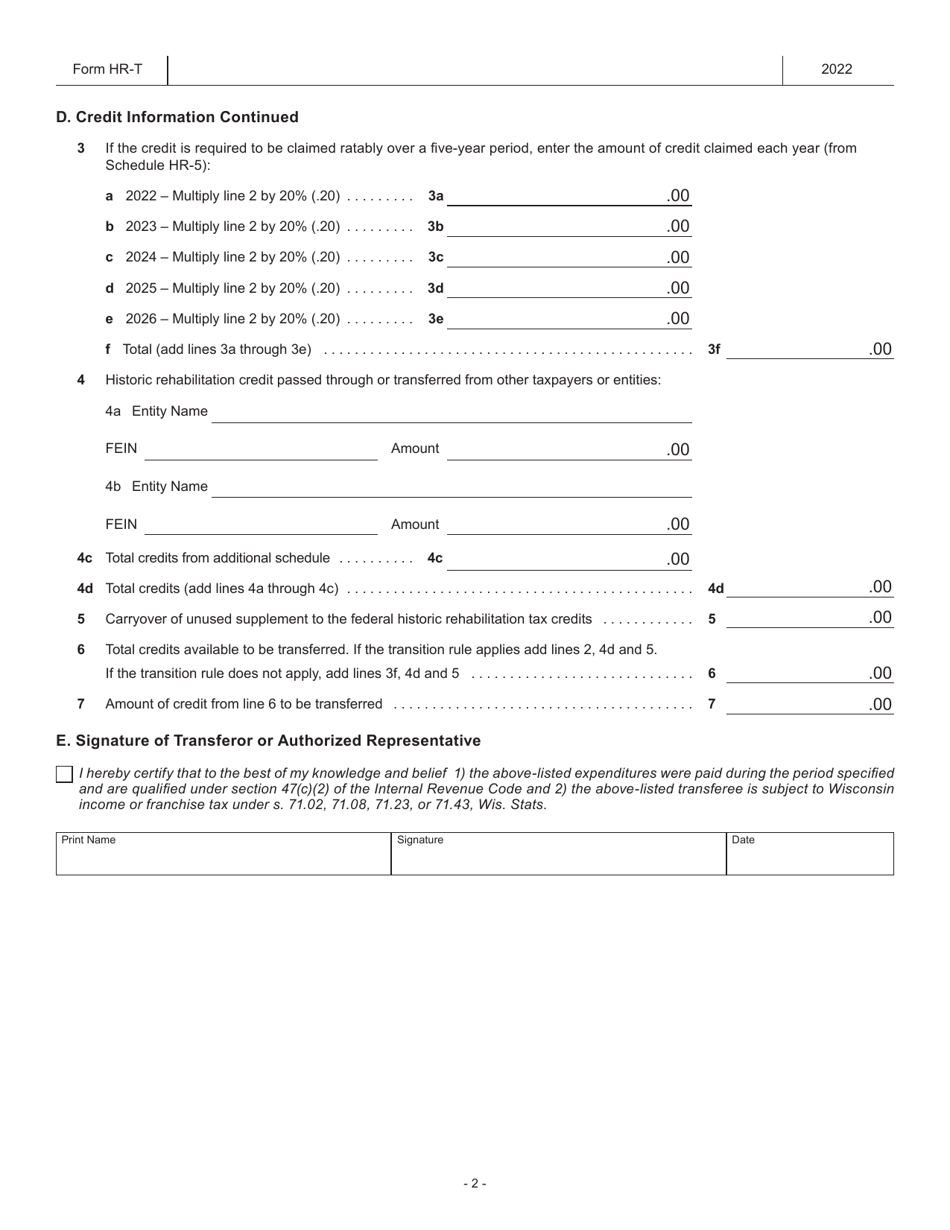 Form HR-T (IC-134) Transfer of Supplement to the Federal Historic Rehabilitation Credit - Wisconsin, Page 2