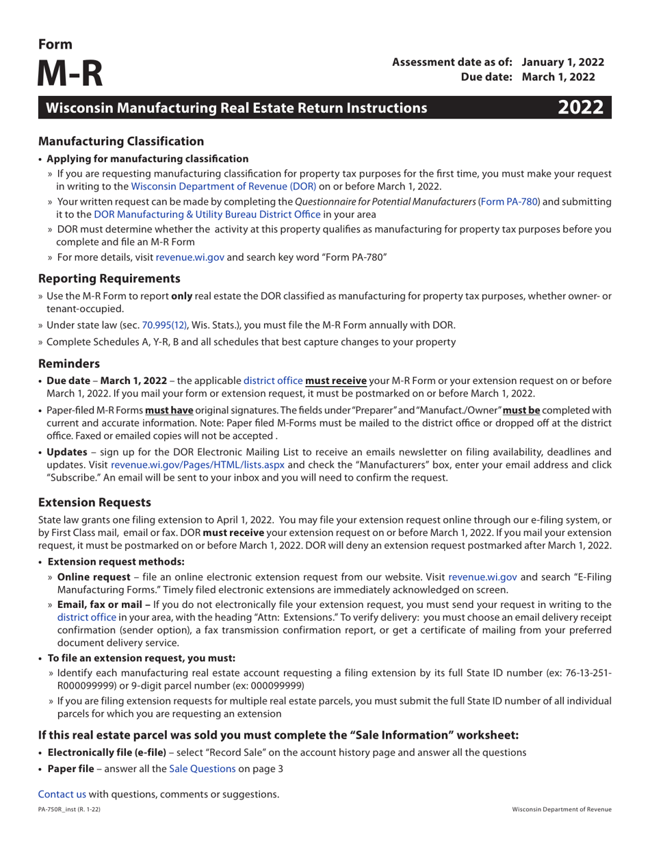 Instructions for Form M-R, PA-750R Wisconsin Manufacturing Real Estate Return - Wisconsin, Page 1