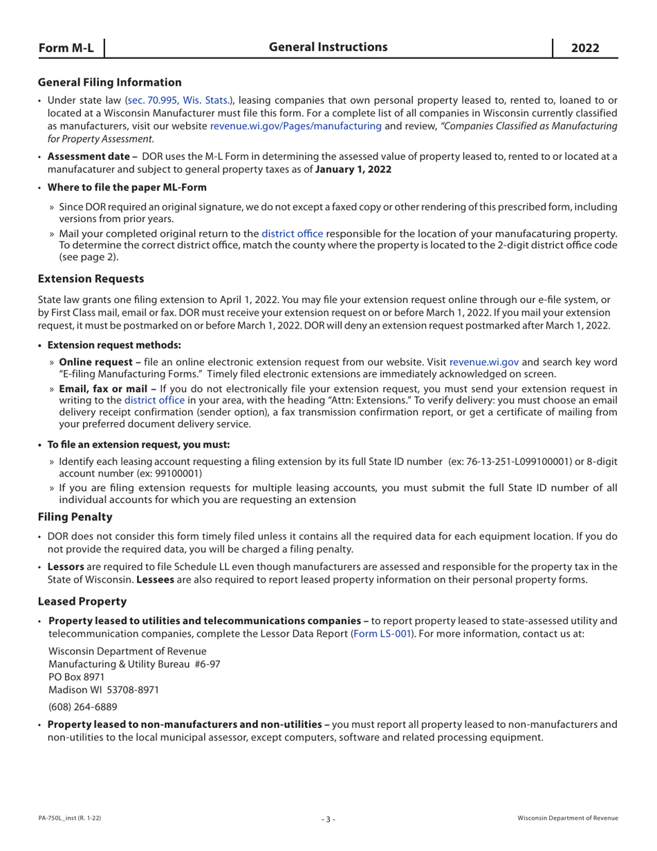 Instructions for Form M-L, PA-750L Wisconsin Leased, Rented or Loaned Personal Property Return - Wisconsin, Page 3
