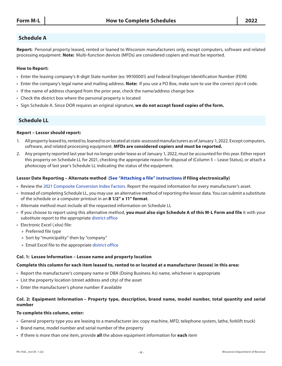Instructions for Form M-L, PA-750L Wisconsin Leased, Rented or Loaned Personal Property Return - Wisconsin, Page 4