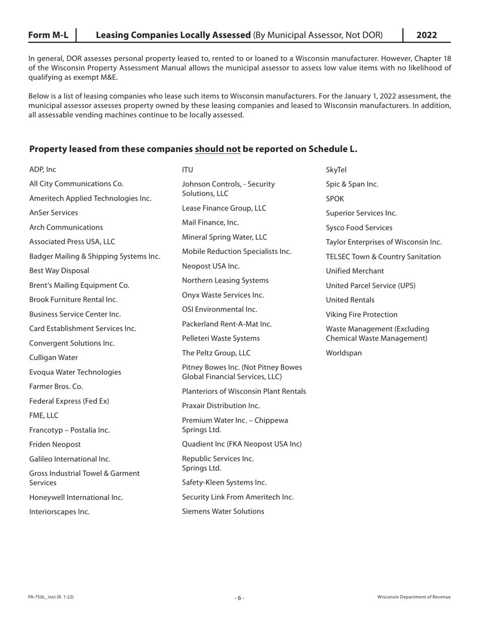Instructions for Form M-L, PA-750L Wisconsin Leased, Rented or Loaned Personal Property Return - Wisconsin, Page 6