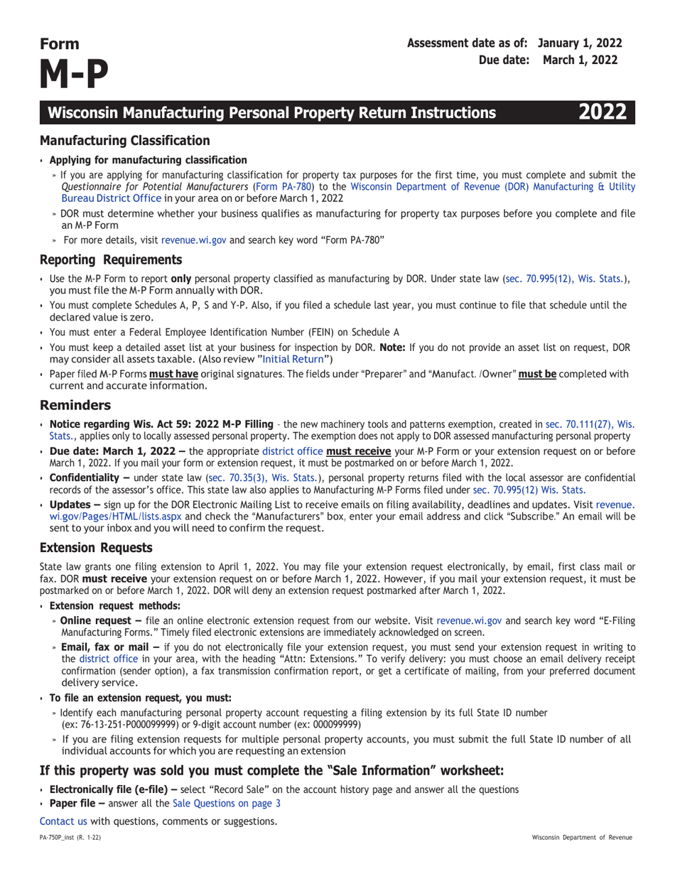 Download Instructions for Form MP, PA750P Wisconsin Manufacturing Personal Property Return PDF