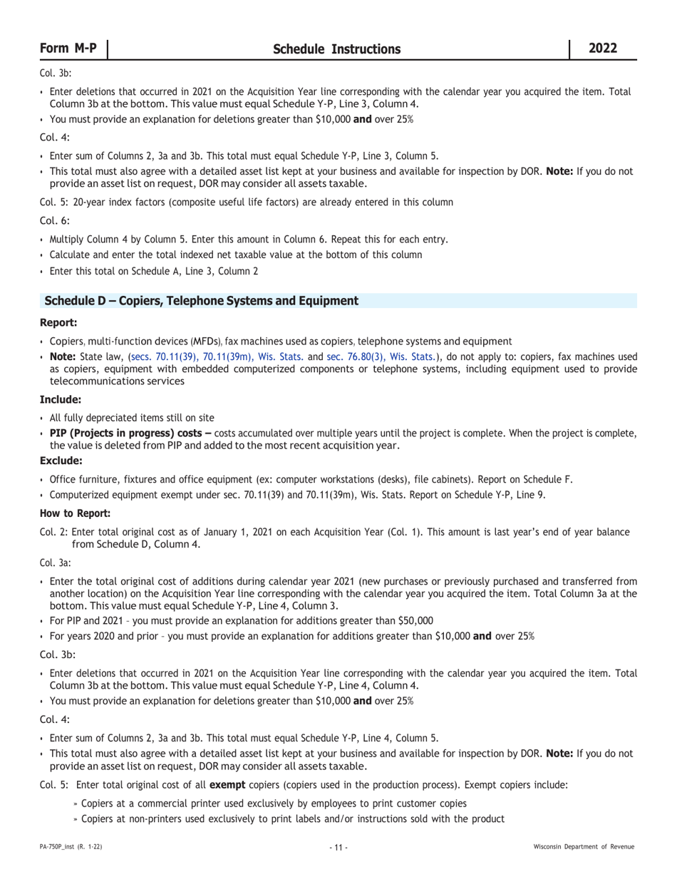 Instructions for Form M-P, PA-750P Wisconsin Manufacturing Personal Property Return - Wisconsin, Page 11